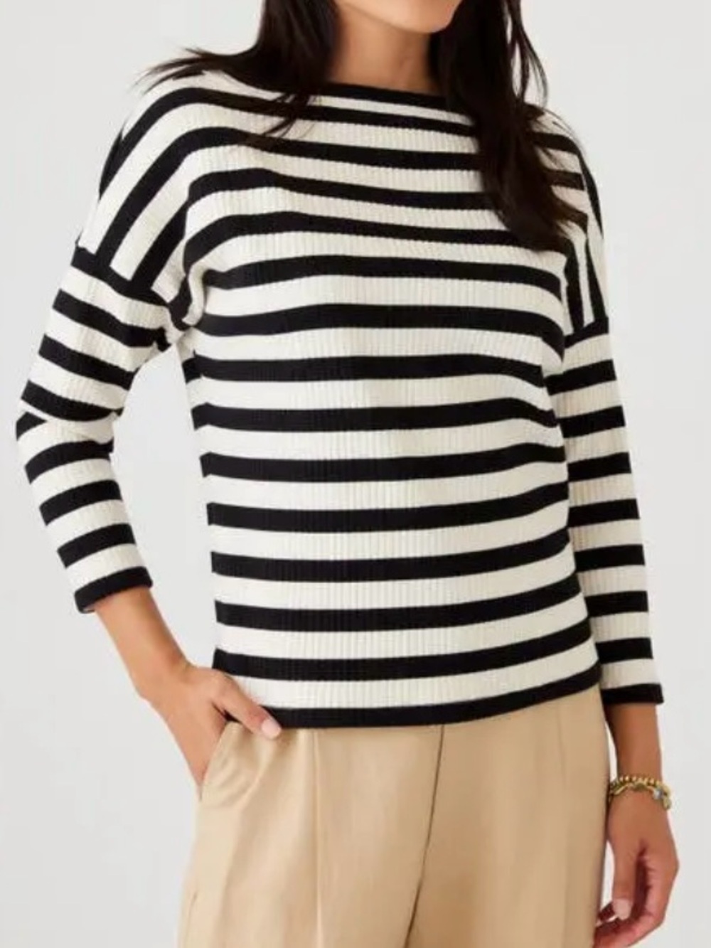 Karen Kane Sheridan Stripe 3/4 Sleeve Boatneck Rib Top in Black & Cream, XL - Picture 5 of 12